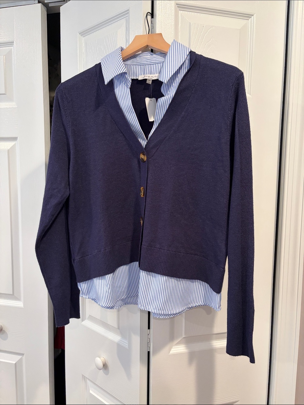 Sioni Navy Collared Layered Mix-Media V-Neck Button Cardigan
